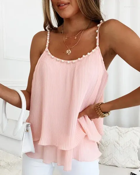 Camicie da donna Top 2024 Summer Sleeveless Solid Color Fashion Sweet Pearls Decor Strayed Cami U-Nisck Spaghetti Tops