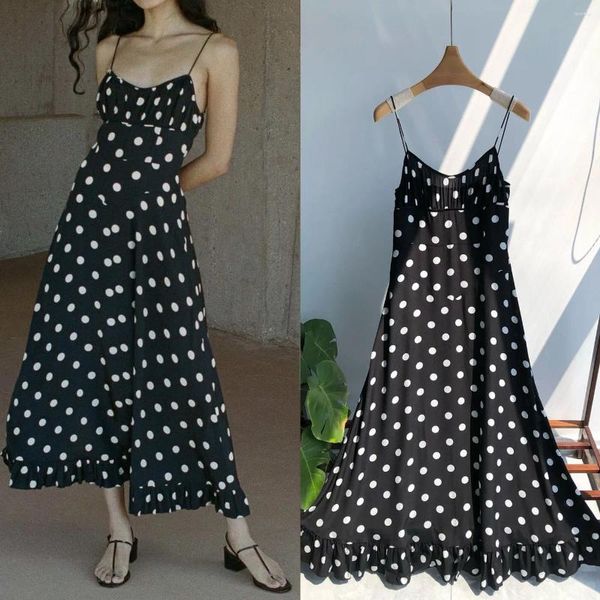 Lässige Kleider Top End Frauen Vintage Seiden schwarz Tupfen Slim Slim Maxi Hosentender Kleid elegante Dame hohe Taille von Schulterschlinge lang