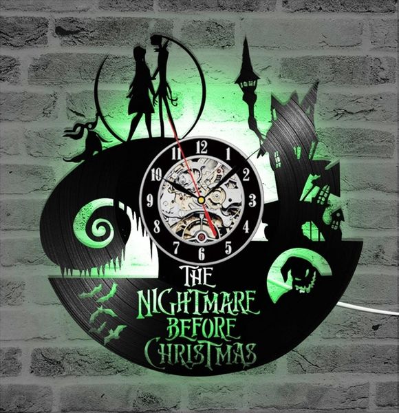 Relógio de parede do recorde de vinil vintage com 7 iluminação LED The Nightmare antes do Natal Led Wall Clock Art Hanging Watch Home Decor Y203397707