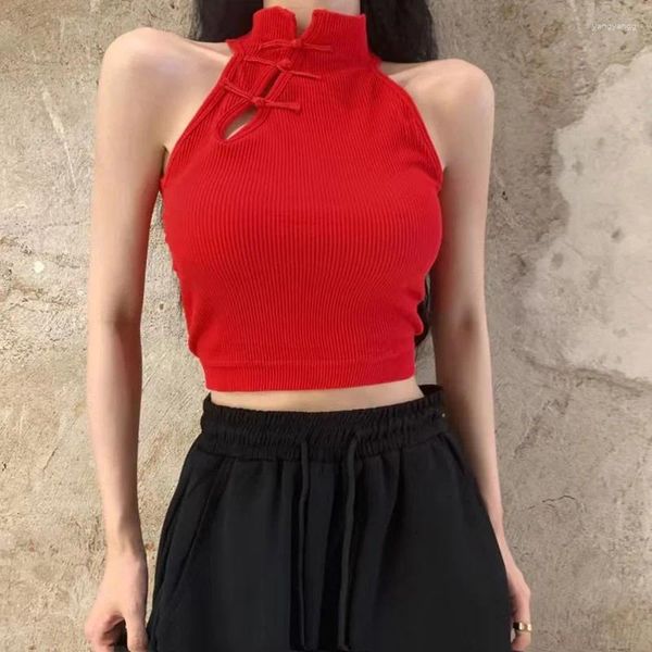 Serbatoi femminili Abrini Donne sexy Crop Tops Elegante serbatoio di bottoni cinese con reggiseno o-collo senza maniche per l'estate 2024