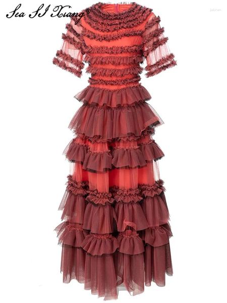 Vestidos de festa Seasixiang Designer de moda Spring Mesh Dress Long Women O-pescoço O-pescoço curto Manga Tierred Ruffles Red Vintage