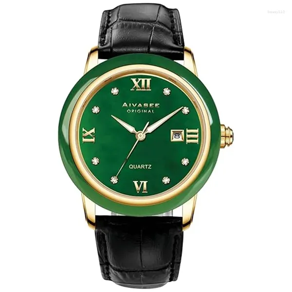 Orologi da polso aivasee orologio giada verde di lusso per uomini con fiume di verniciatura giapponese di cinghia di pelle da uomo analogico.