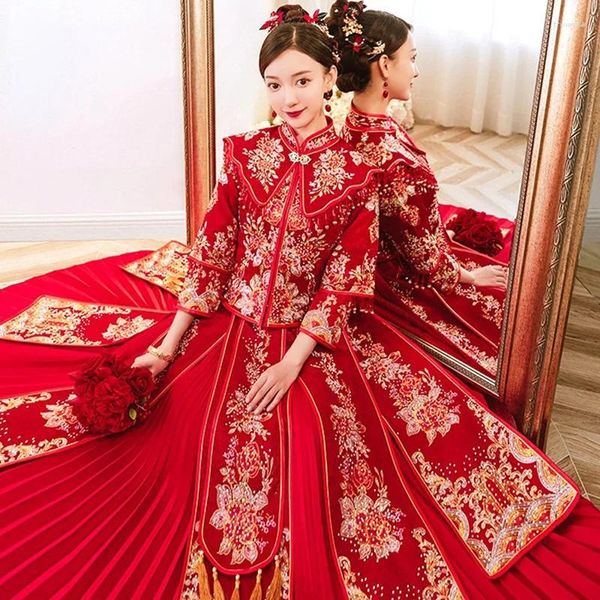 Этническая одежда красные невесты свадебные платья Тост китайский стиль для женщин костюм ханфу традиционный плюс размер Cheongsam 4xl 5xl 6xl