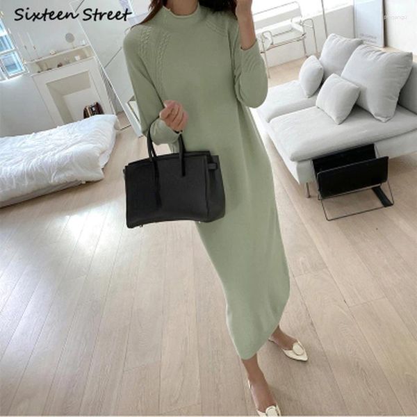 Vestidos casuais chiques lã verde maxi vestido mulher outono o pescoço de malha solta vestido fêmea longa suéter elegante roupas de inverno