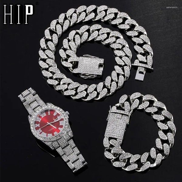 Цепи Hip Hop 20 мм 3pcs Kit Silver Color The Watch Bracelet Bracelet Bling Crystal Iced Out Кубинские со стразами для мужчин ювелирные изделия