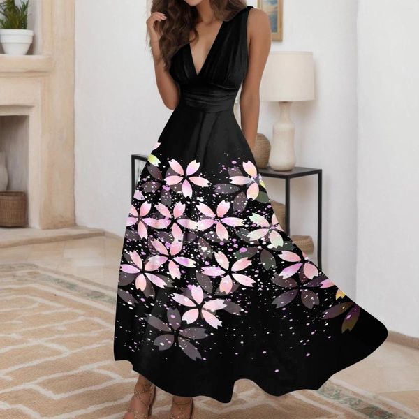 Abiti casual Donne eleganti abiti floreali lunghi vestiti estivi stampati caviglia lunghezza prendisole da sole a fiore senza maniche