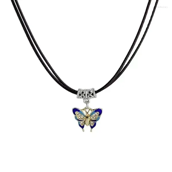 Collane a sospensione collana di farfalla nera blu vintage per donne in pelle punk corda girocollo alla moda della catena di clavicole alla moda