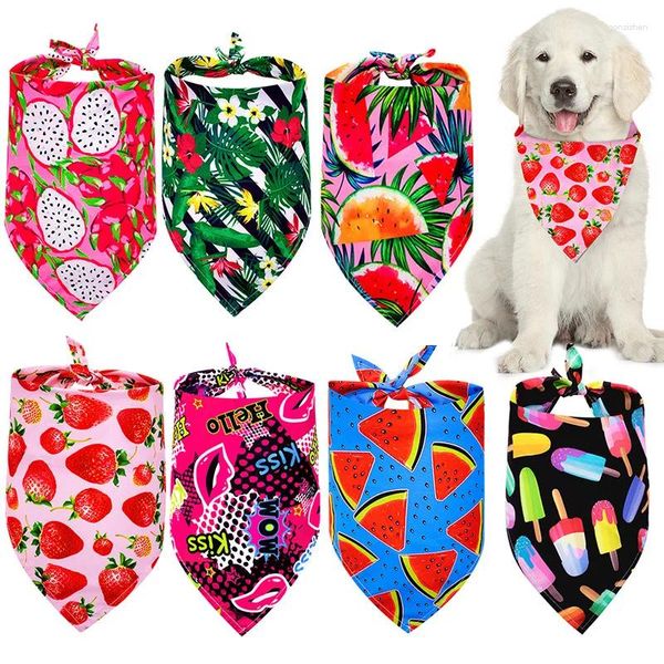 Köpek giyim 5 adet karışık renkli mevsimlik meyve baskı önlükleri yumuşak pamuklu evcil hayvan üçgen bandana aksesuarları malzemeleri