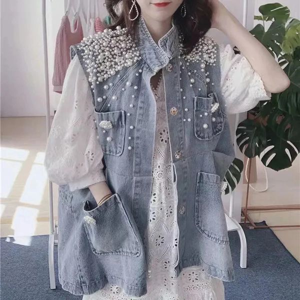XPQBB Luxury Pearls Women Denim Vest di denim Harajuku Sleevelessante giacca per jeans Donna Summer Fashi