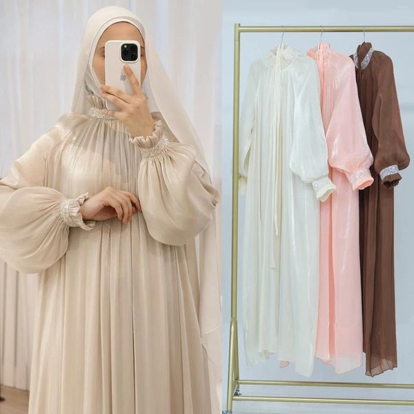 Abbigliamento etnico Dubai Medio Oriente Turchia Exquisito vestito a pizzo solido Abito da lacci musulmani Tunique Femme Musulman