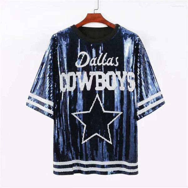 Frauen T-Shirts Chic European USA HipHop Girls Street Street Star Cowboys Striped Women Pailletten T-Shirts Top Jersey Punk Long Tee Mini Kleid