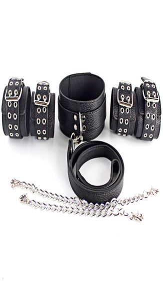 Leder -Bondage -Einschränkungen Handschellen Shackle Neck Sklavenkragen mit Metallkette BDSM Sex Toy für Erwachsene Spiele Bondage Anzug 3530825