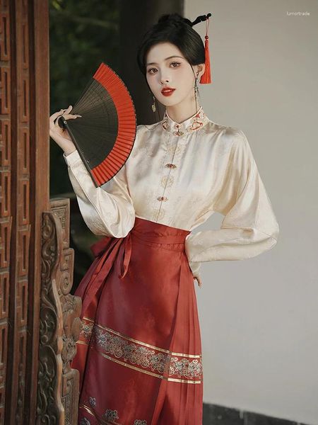 Vestidos casuais vestidos femininos chineses retro haval face skiot terno de hanfu top redcolor correspondente em padrão geométrico de ouro tecido tecido