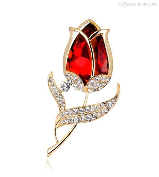 Acessórios de roupas populares Moda Crystal Red Rose Flower Broche Pin Rhinestone Ligo Broches de ouro rosa para mulheres Presente de aniversário8675324