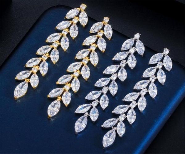 Brincos de zircão de noiva de casamento Conjunto de folhas longas Jóias de jóias de ouro Brincos de diamante prateado PROM Partem