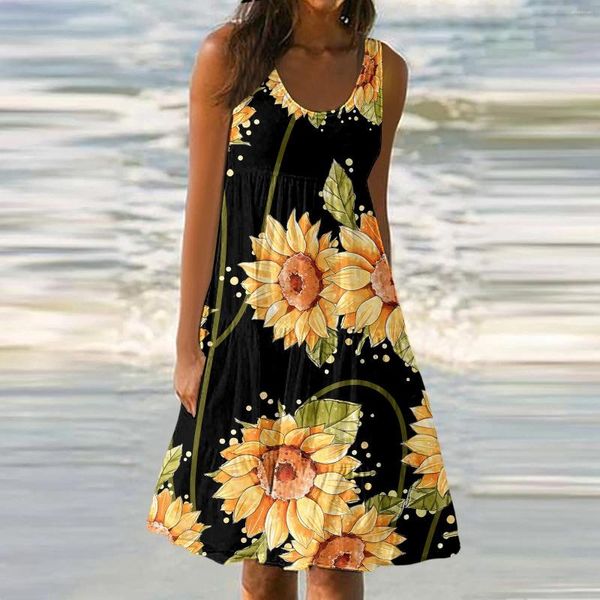 Partykleider Damen Sonnenblume lässige Druck ärmellose Strandkuchen Kleid Frauen Vintage