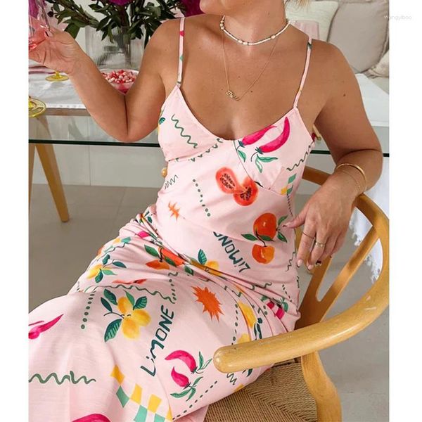 Abiti casual Donne Y2K Fairycore Vintage Fruit Stampato Maxi Abito Spaghetti Cinghia floreale Midi Slip senza schienale Suneraio fluido lungo senza schiena