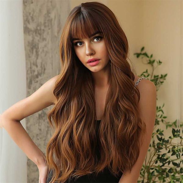 Temperatura Wig Wig Wig Womens Womens Bang High Big Silk Wave Simulazione Lunga set di testa piena