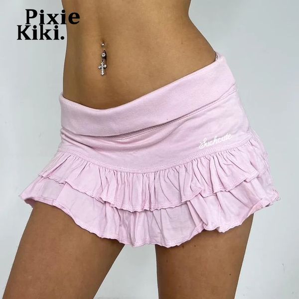 Pixiekiki fofo rosa de botas de salto baixo shorts y2k roupas 2000 letra de moda feminina bordada shorts de babados p84-cg20 240426