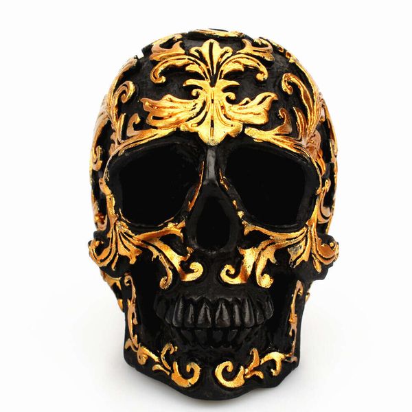 Halloween schwarzer Schädelkopf Golden Carving Horror Home Tisch Dekorative Handwerksharz Schädel Knochen Skelette