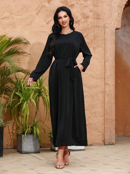 Ethnische Kleidung Muslim Dubai Abaya Solid Simple Long Kleider Frauen mit Schärpen Islam Schnürung für marokkanische Kaftan