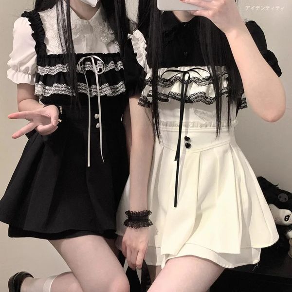 Japaneses Doce Kawaii vestidos de Mujer Slash pescoço com calça de renda de renda de renda lolita vestido de cintura alta slim chique manto femme 240424