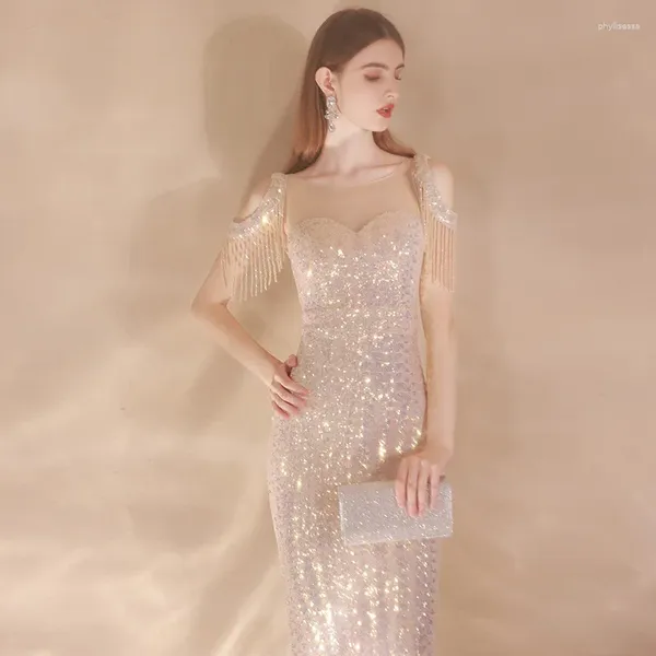 Vestidos casuais moda verão 2024 vestido de noite trompel trompe de alta qualidade lantejoulas lantejoulas brilhantes de seda brilhante de seda brilhante