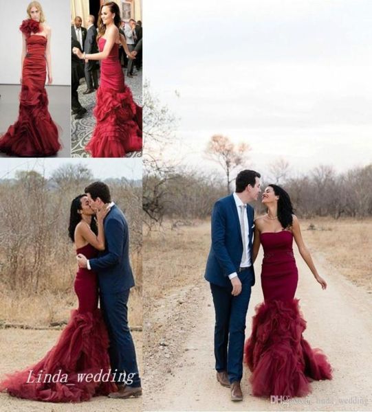 2019 Burgundy Mermaid Brautkleider Wein rot trägerlos Rückenlange Brautkleider plus Größe Vestidos de Novia Sirena7368579