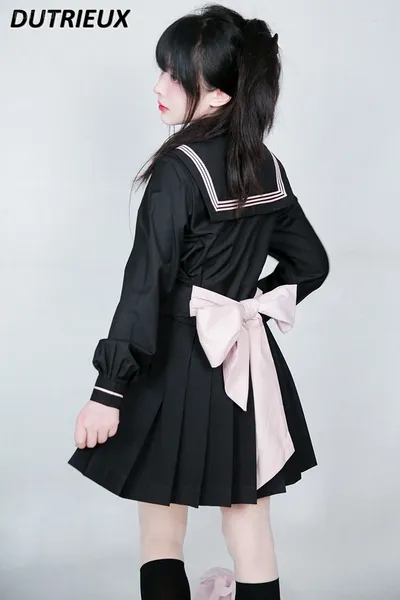 Vestidos de trabalho Original Spring Autumn Mangas compridas estilo preppy maiô projeta uniforme colar de marinheiro preto camisa curta e roupas plissadas