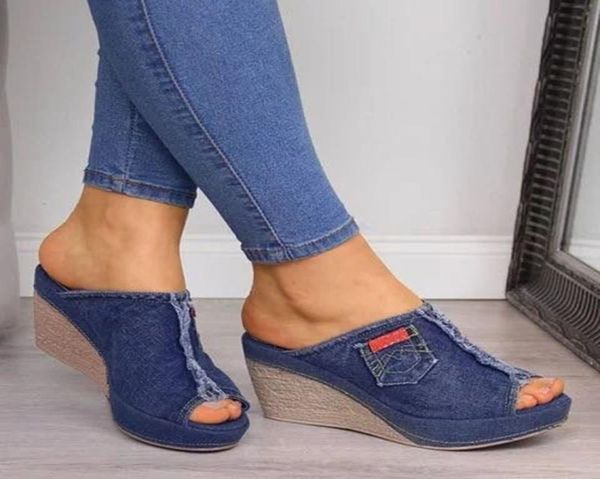 2020 Women Sandals 3 см платформы клинья Women039s Обувь Толстая каблука с открытыми ногами сандалий джинсовая ткань Лето -стиль синие джинсы обувь 8314840