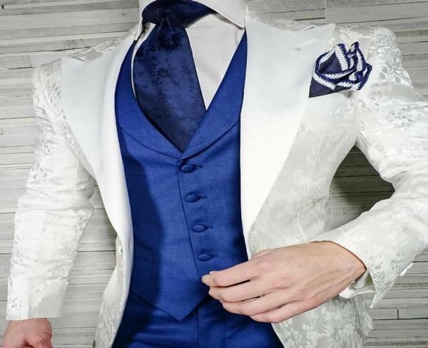 Männer passen zum weißen Muster und Royal Blue Bräutigam Smokedos Schal -Revers -Groomsmen 3 Stück Jacke Hose Weste Krawatte D298 MEN039S 4114511