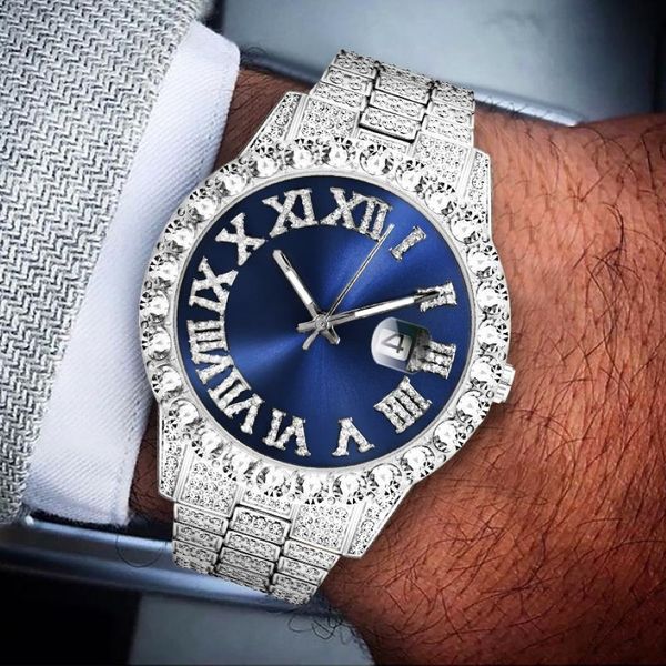 Big Diamond Gold Men Watch Calendar Platinum ICD Мужские часы Quartz Quartz Movt Steel Relog Hip Hop Iced Out the Watch Начаты 252b