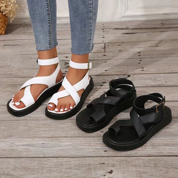 Moda Kama Kadınları Sandal Platformu Gladyatör Sandles Toka Strap Yazı Ayakkabıları Punk Plajı Kama Kadın tıknaz Sandalias de Mujer Beyaz Siyah