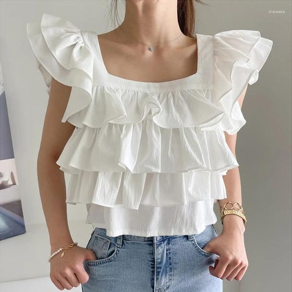 Camicette da donna eleganti colletti quadrati senza maniche camicie allacciate in pizzo a cascata a cascata Crop Crop Top 2024 Summer Chic Sweet All-Match Sweet All-Match