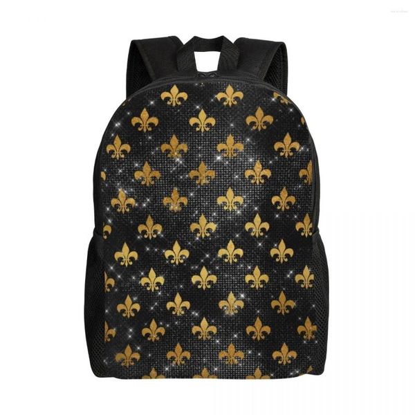 Zaino Elegante Black and Gold Fleur de Lis Laptop Basic Book Bag per studente scolastico per studente Fleur-de-lys sacchi floreali di giglio