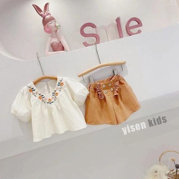 Комплекты одежды 2024 Girls Summer Corean Edition Baby Doll Shorts Set Set Diefe Give Girl Girl Sweet нежная одежда