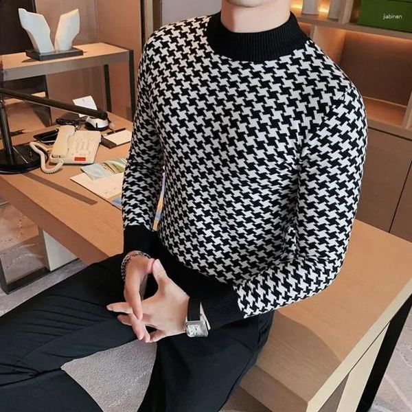 Suéteres masculinos 2024 Winter Warm Alta de colarinho de tricô/masculino Slim Fit Fashion Fashion Casual Plaid Knit Shirt Style British Style