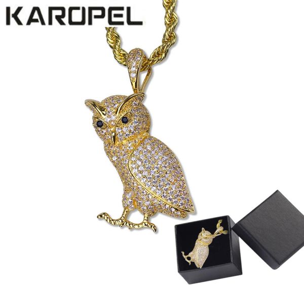 Hip -Hop -Tier Halskette Kupfer Golden Eced Micro Pave CZ Stone Owl Anhänger Halsketten 24quot Edelstahl Seilkette6972291