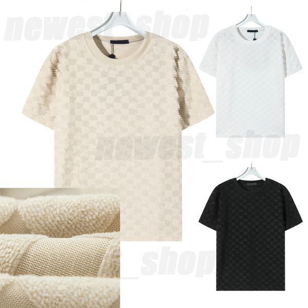 Camiseta casual masculina Bordado de algodão de tamanho de algodão geométrico Grid quadrado Designer de luxo Tee 3xl clássico damasco de damasco preto tripulação de pescoço de pescoço