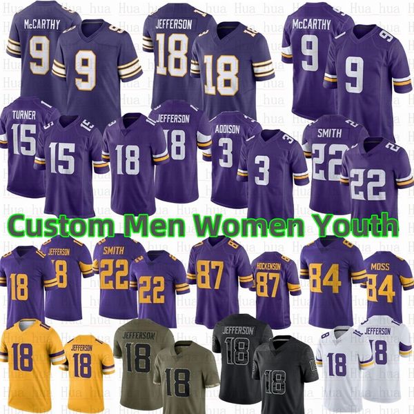 J.J.McCarthy Aaron Jones Justin Jefferson Jersey de futebol Addison 15 Turner TJ Hockenson Harrison Smith Adrian Peterson Randy Moss CJ Ham Ivan Pace Jr Sam Darnold