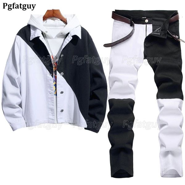 Черные белые мужские устанавливают двухцветную шва свободную джинсовую куртку и тонкие джинсы с 2 частями, набор весна осень, повседневная уличная одежда 240428