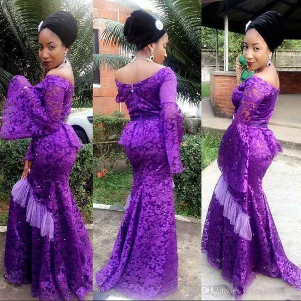 2019 abiti da sera nigeriana africani viola aso ebi in pizzo stili dalla spalla peplo a maniche lunghe abiti abiti da ballo di sirena formale Gow 263m