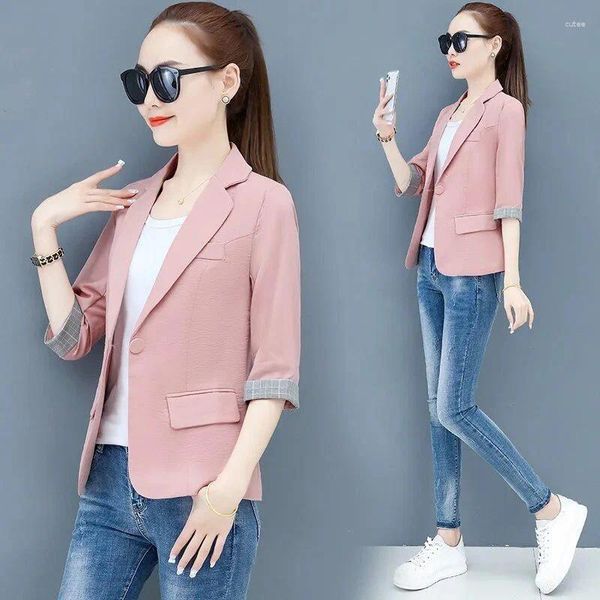 Frauenanzüge S-3xl Frauen Blazer Jacke Thin Plaid Sleeve Slim Frühlings Sommer Herumn Casual Office Arbeit Plus Größe Schwarz Beige Pink Green