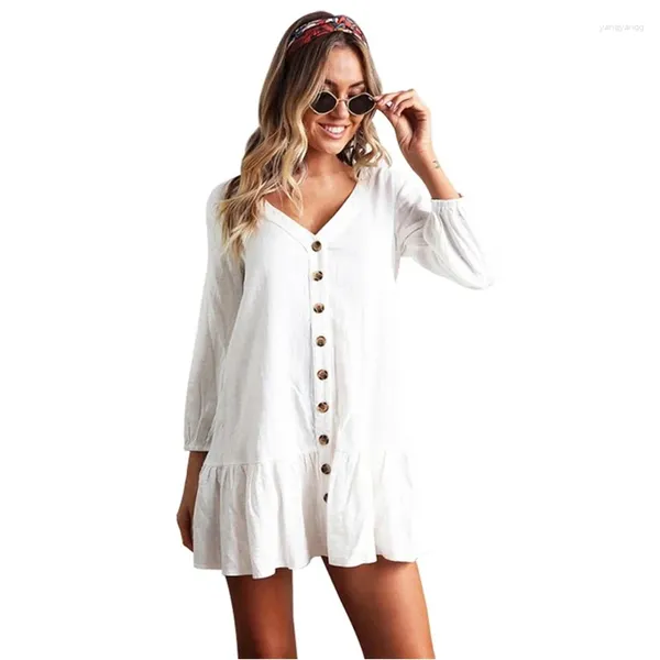 Abiti per feste 2024 Summer Beach White Tunic Women Women Beachwear Tops Blouse Sexy Abbottoni a V-Neck Front Open Short Short Short Shirts Femminina N744