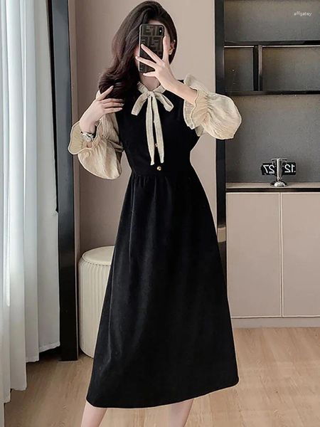 Vestidos casuais Vestido de retalhos de cordão de veludo de veludo preto para mulheres Autumn Winter grossa quente Prom 2024 noite vintage coreana