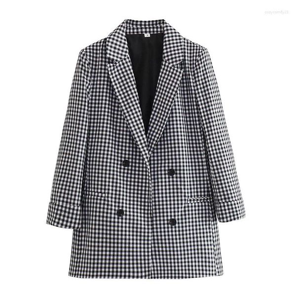 Ternos femininos Yenkye 2024 Mulheres Mulheres Vintage Roll-Up Blazer Blazer Long Double Double Office Ladies Casual Suacte Jaqueta