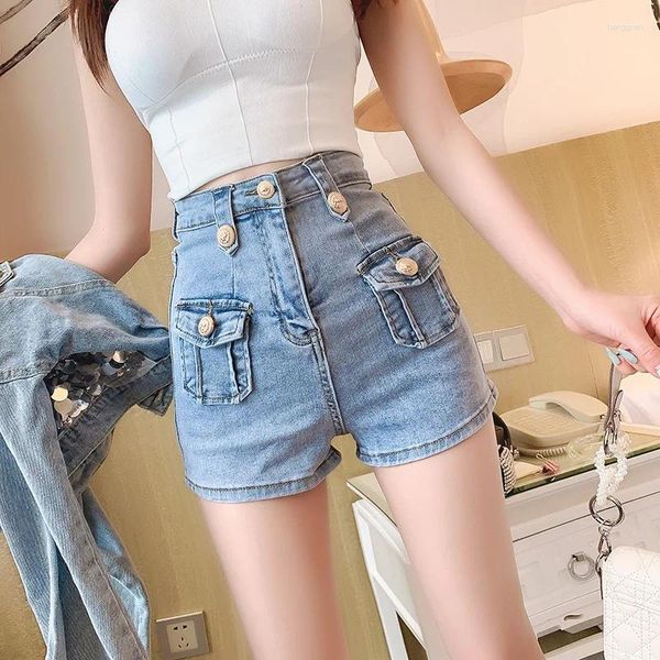 Jeans feminino Moda Butão coreano High-Waist Denim Shorts Girls Elastic Slim Fit Wrap Hip Summer 2024 Harajuku calças curtas