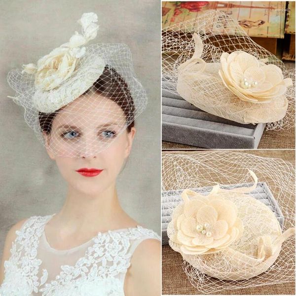 Copricapi da coperto da donne in pizzo cappello da sposa fiori a facciata velo perle affascinante madre occasione speciale feste