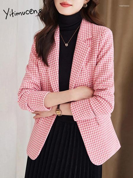 Ternos femininos Yitimuceng Blazer xadrez para mulheres de inverno Classic Suit Collar estilo coreano Moda de moda única de manga comprida Casaco