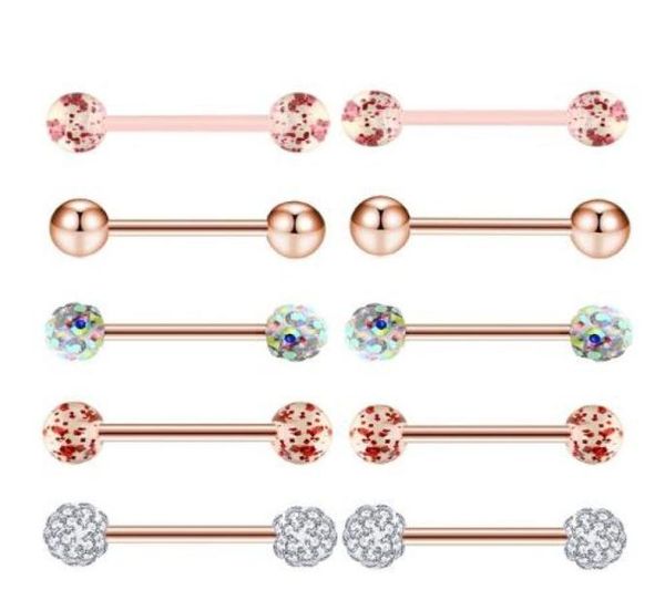 10pcsset Gold Rose Zungenringe Edelstahl Acrylohrringe Langhantel Körper Tragus Piercing Schmuck Brustwarzenring1677495